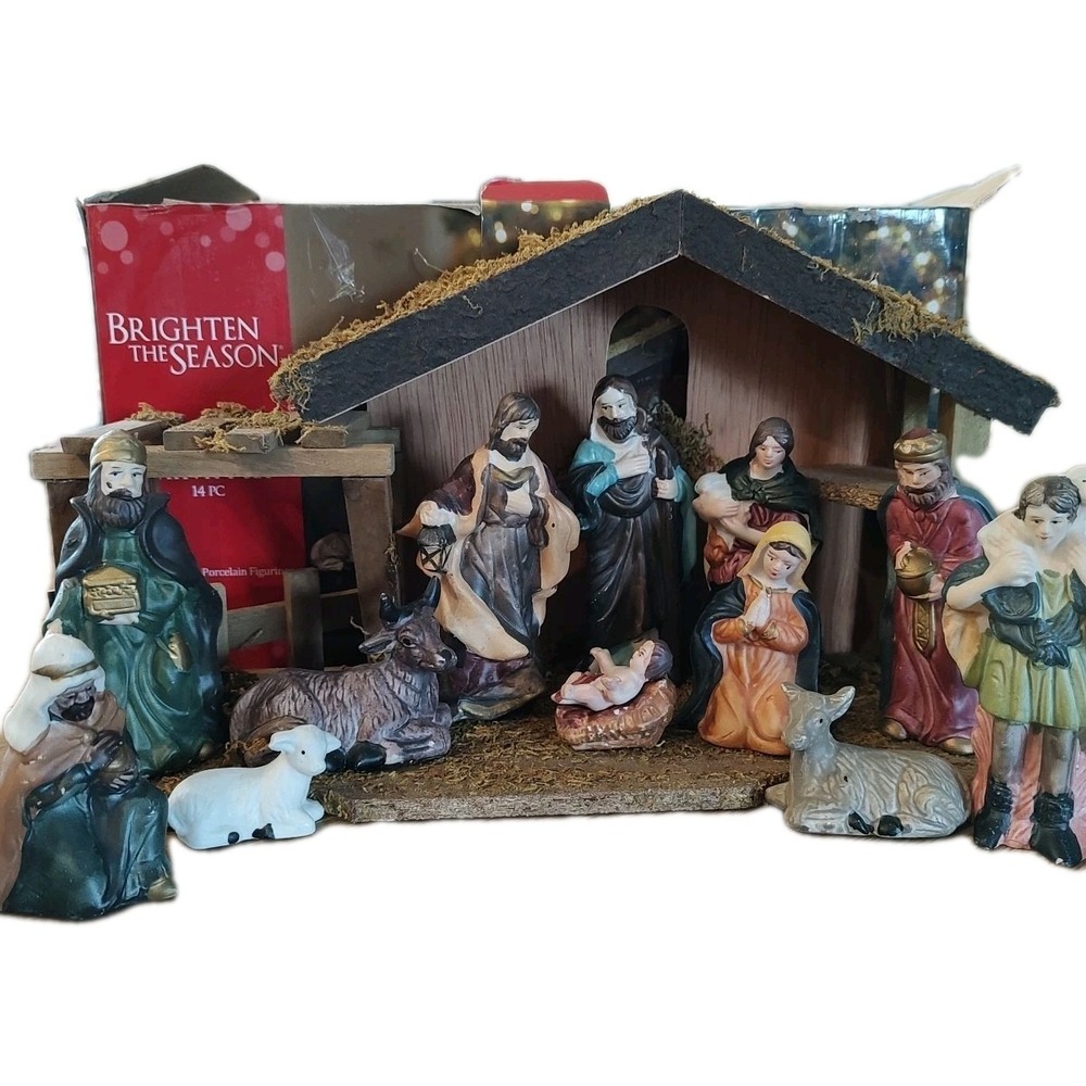 Vtg Porcelain Nativity Set Brighten The Season Original Box 14 Piece Wood Manger